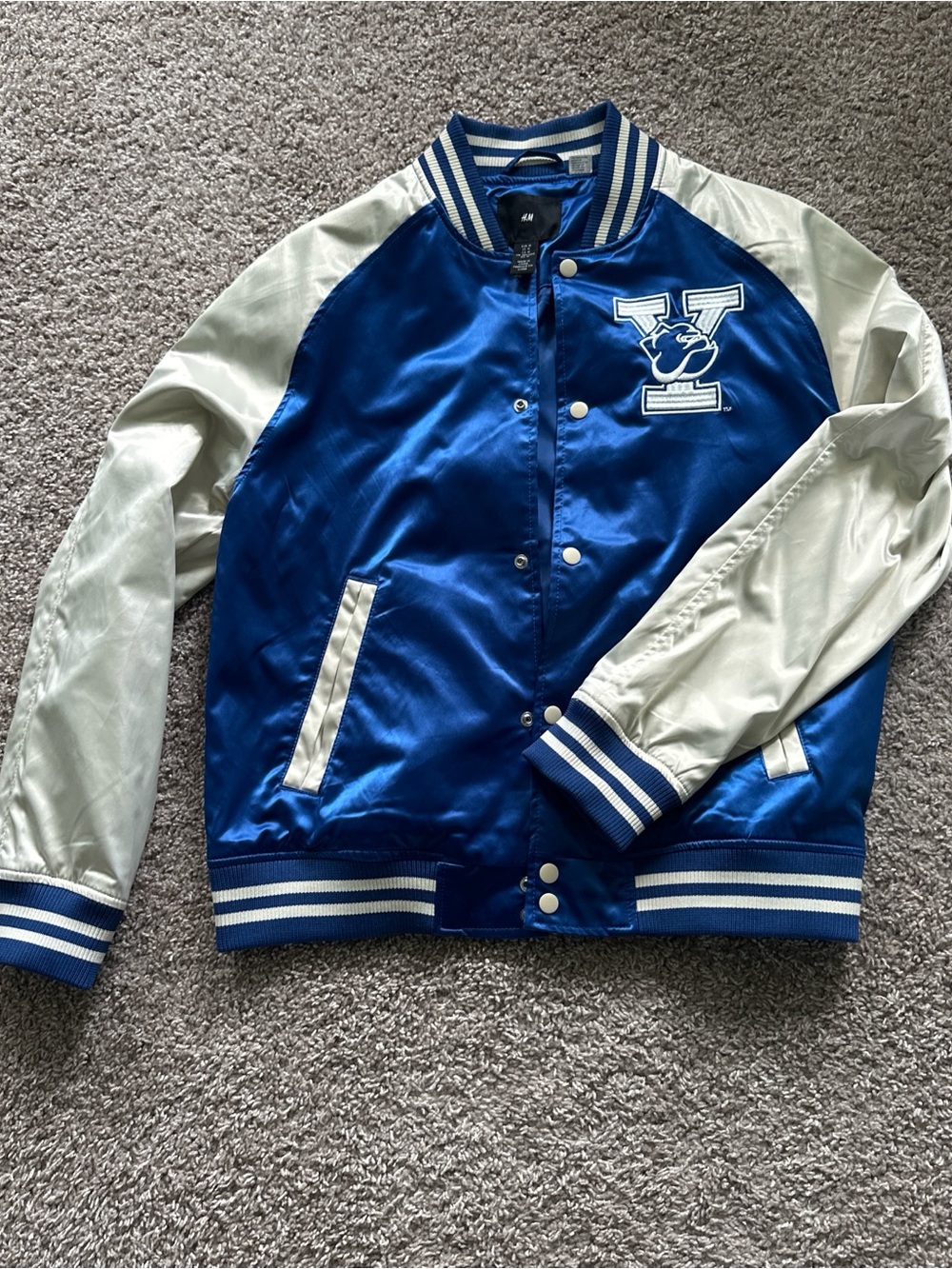 Yale Blue and White Satin Varsity Jacket with Patch